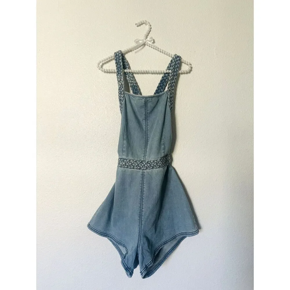 Free People Revolve Denim Romper S Open Back Retro Festival Y2K Trip Blue Karina